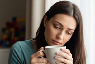 Mãe exausta fazendo uma pausa com uma xícara de chá, em um ambiente acolhedor e iluminado, representando autocuidado e alívio emocional.