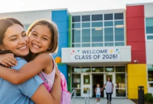 Criança pequena sorrindo ao abraçar a mãe na frente de uma escola colorida, simbolizando uma adaptação escolar tranquila em 2026.