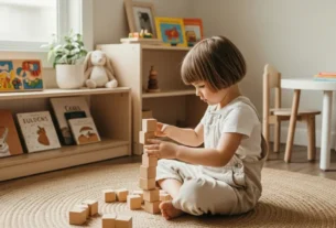Criança brincando com blocos de madeira em ambiente preparado seguindo o Método Montessori em casa.