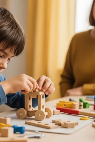 Criança concentrada montando brinquedo pedagógico para estimular funções executivas.