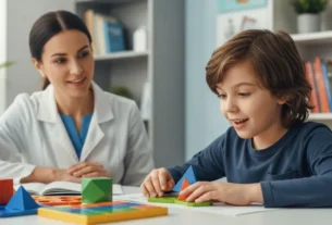 Criança concentrada realizando atividade neuropsicopedagógica com apoio de uma especialista.