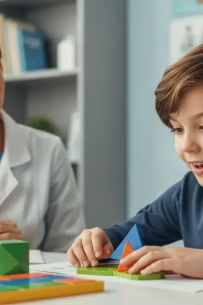 Criança concentrada realizando atividade neuropsicopedagógica com apoio de uma especialista.