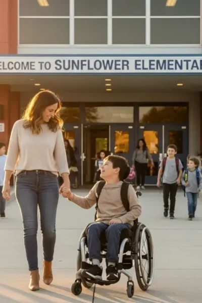 Mãe e filho entrando em escola inclusiva com acessibilidade.