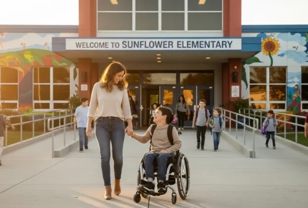 Mãe e filho entrando em escola inclusiva com acessibilidade.