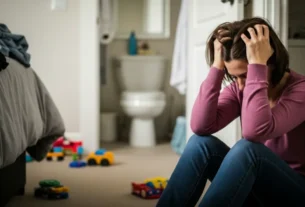 Mãe sentada no chão cobrindo o rosto com as mãos, demonstrando exaustão e sintomas agudos de ansiedade materna e sobrecarga.