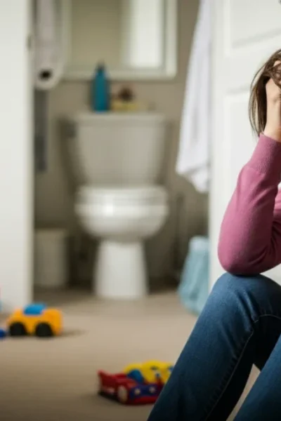 Mãe sentada no chão cobrindo o rosto com as mãos, demonstrando exaustão e sintomas agudos de ansiedade materna e sobrecarga.