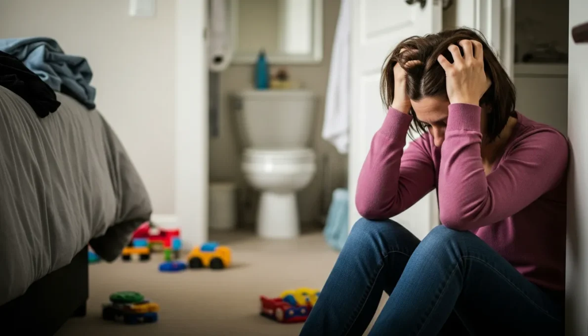 Mãe sentada no chão cobrindo o rosto com as mãos, demonstrando exaustão e sintomas agudos de ansiedade materna e sobrecarga.