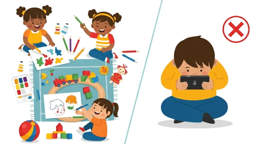 Cesta com celular e brinquedos educativos ao lado.