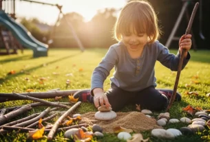 Criança brincando livremente na natureza desenvolvendo autonomia.