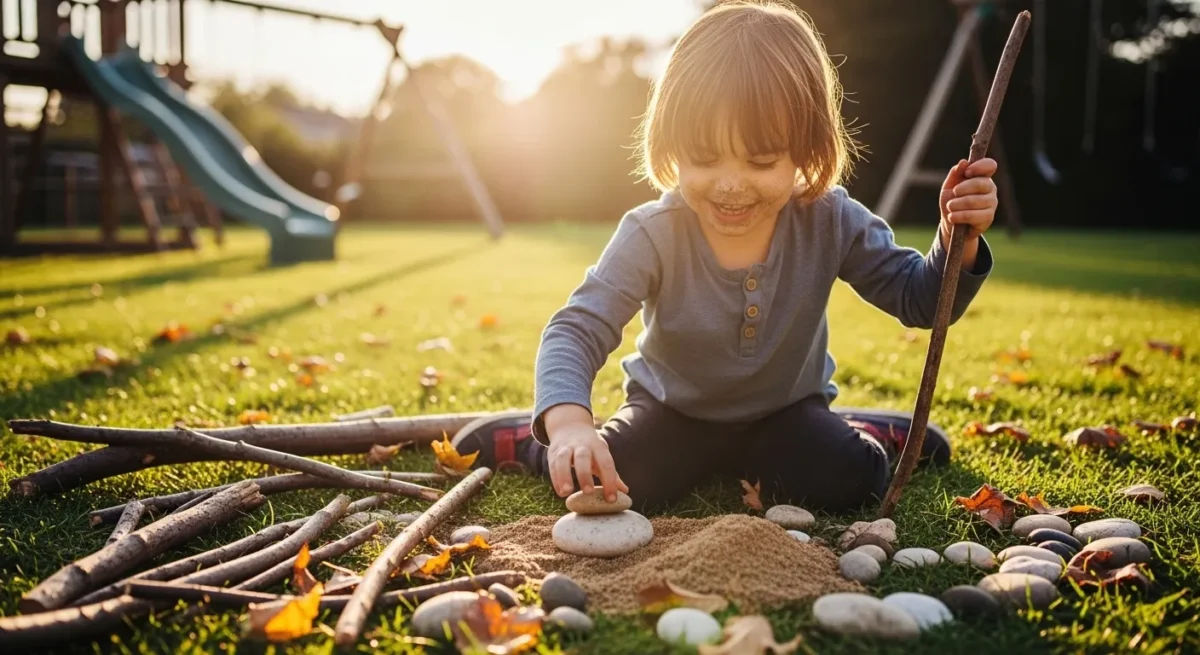 Criança brincando livremente na natureza desenvolvendo autonomia.