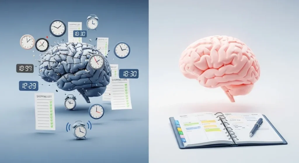 Representação visual da redução da carga mental através da organização.