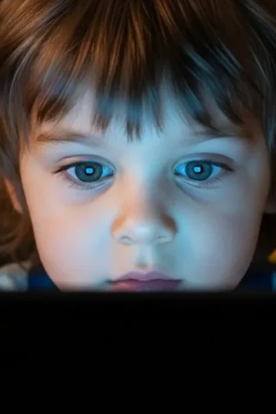 Criança pequena usando tablet com reflexo de luz azul no rosto.