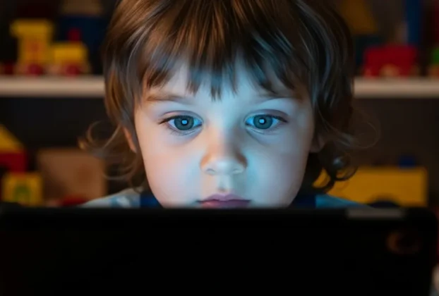 Criança pequena usando tablet com reflexo de luz azul no rosto.