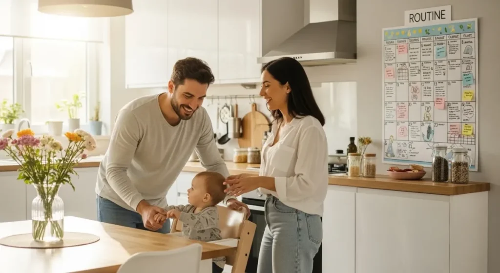 Casal jovem organizando a rotina na cozinha para demonstrar a eficácia da gestão do tempo para pais.