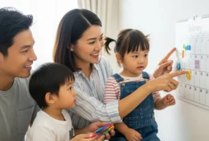 Pais organizando a rotina familiar matinal com tranquilidade e sorriso.