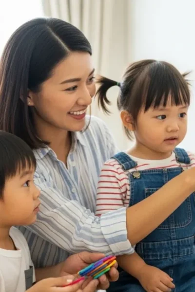 Pais organizando a rotina familiar matinal com tranquilidade e sorriso.