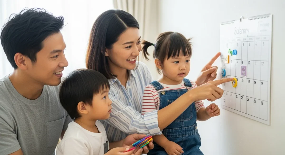 Pais organizando a rotina familiar matinal com tranquilidade e sorriso.