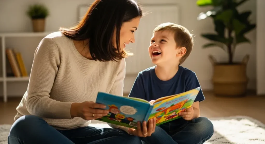 Mãe e filho lendo livro físico juntos no chão.