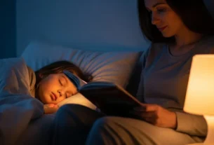 Criança seguindo rotina do sono infantil com leitura de livro.