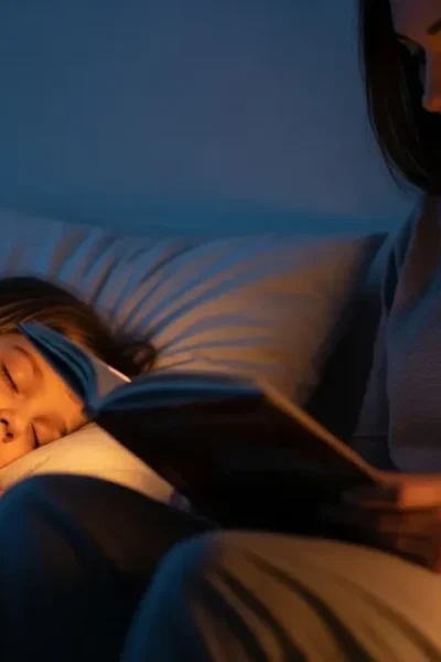 Criança seguindo rotina do sono infantil com leitura de livro.