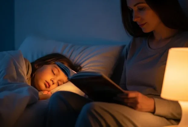 Criança seguindo rotina do sono infantil com leitura de livro.