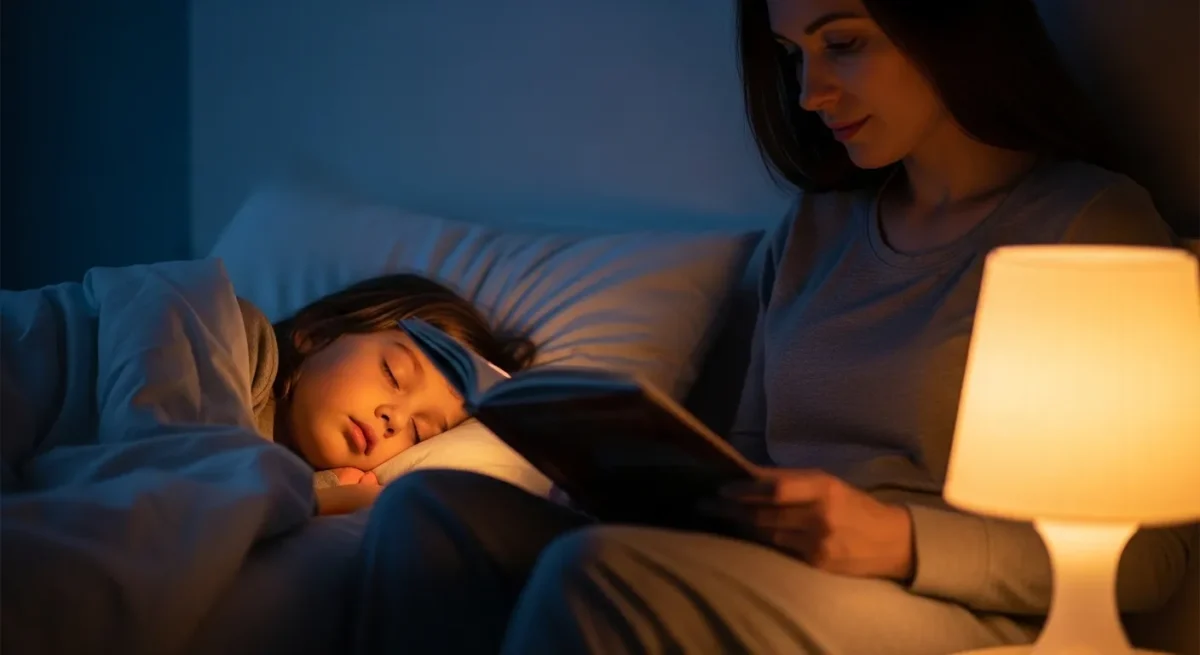 Criança seguindo rotina do sono infantil com leitura de livro.