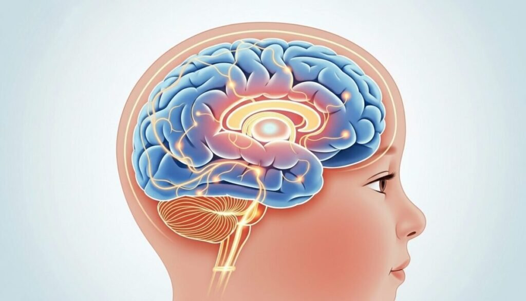 O Cérebro na Mochila: A Neurobiologia da Volta às Aulas que Ninguém Te Contou 2 Neurobiologia da Volta às Aulas: cérebro infantil destacando centros de emoção e foco.