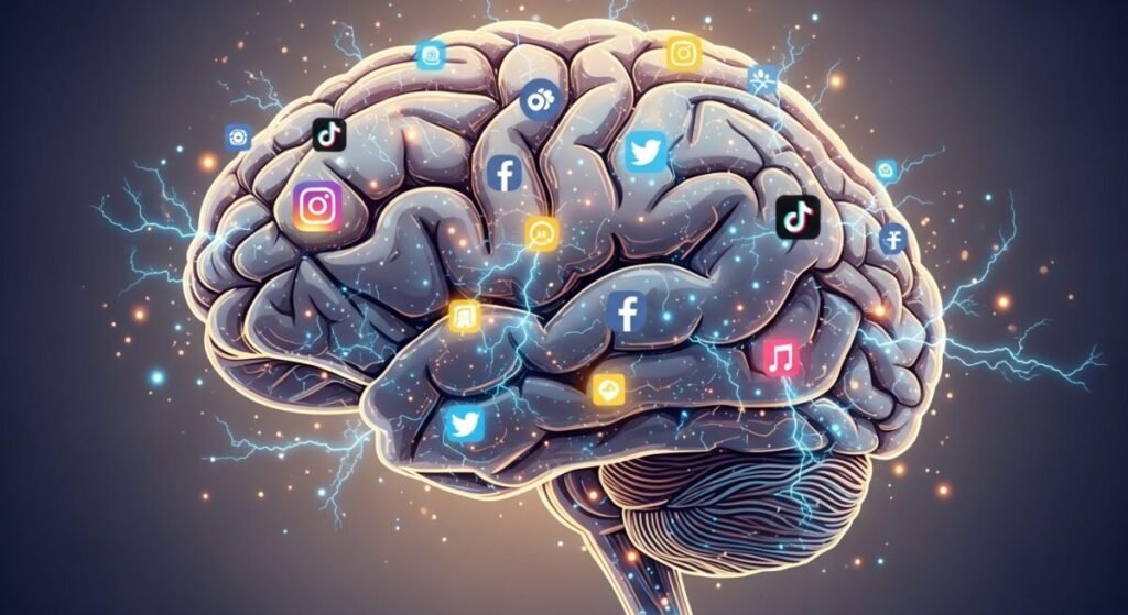 Ilustração de cérebro e ícones digitais para explicar a neurociência da comparação na maternidade.