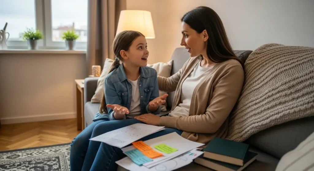 Mãe e filha conversando sobre a matéria da escola no sofá, utilizando a recuperação ativa.
