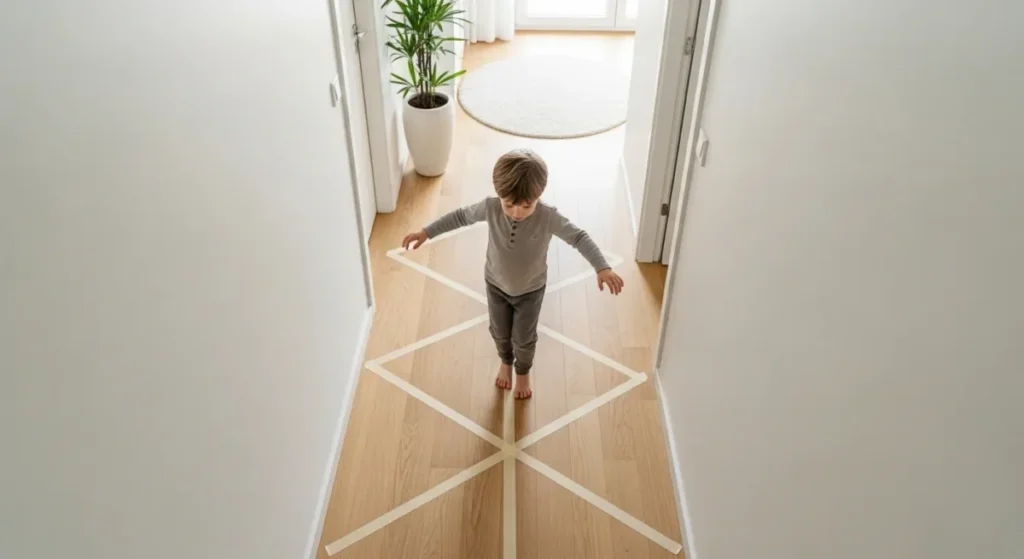 Criança andando sobre linha de fita crepe no chão do corredo em atividades infantis.