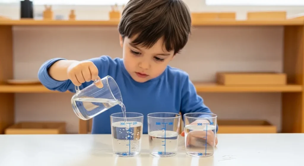 Criança exercendo autonomia em atividade de vida prática Montessori.