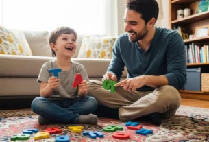 Pai e filho brincando com letras de madeira no chão da sala.