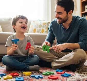 Pai e filho brincando com letras de madeira no chão da sala.