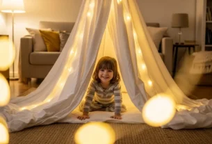 Criança sorridente brincando em cabana de lençol na sala de estar.