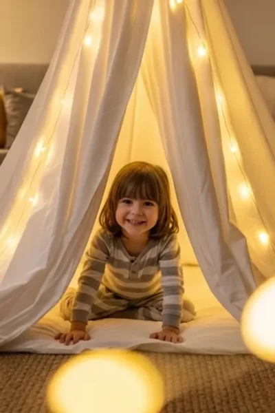 Criança sorridente brincando em cabana de lençol na sala de estar.