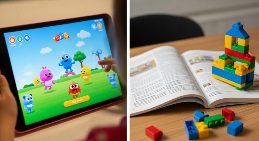 O Cérebro na Mochila: A Neurobiologia da Volta às Aulas que Ninguém Te Contou 3 Comparação visual entre um tablet e livros escolares para ilustrar estímulos cerebrais.