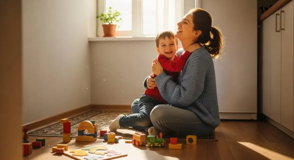 Mãe e filho compartilhando momento de afeto após brincarem em casa.