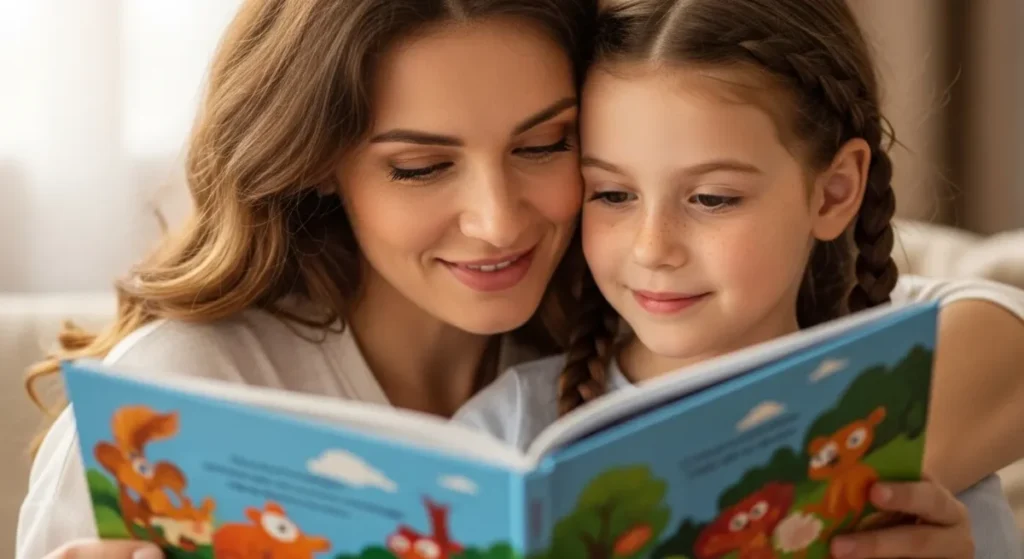 Como Transformar o Tempo em Família com Brincadeiras Educativas que Alfabetizam e Divertem 4 Mãe e filha compartilhando momento de leitura e afeto.