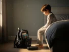 Menino de 7 anos observando sua mochila escolar em uma sala iluminada pelo sol.