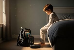 Menino de 7 anos observando sua mochila escolar em uma sala iluminada pelo sol.