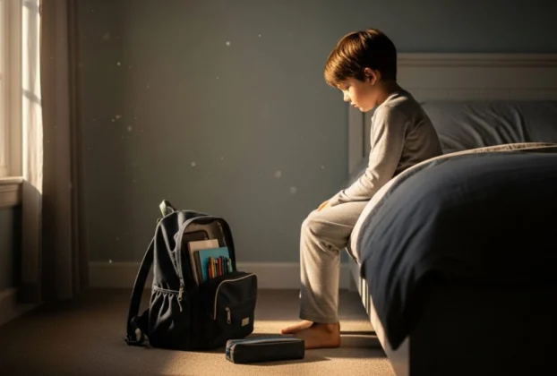 Menino de 7 anos observando sua mochila escolar em uma sala iluminada pelo sol.
