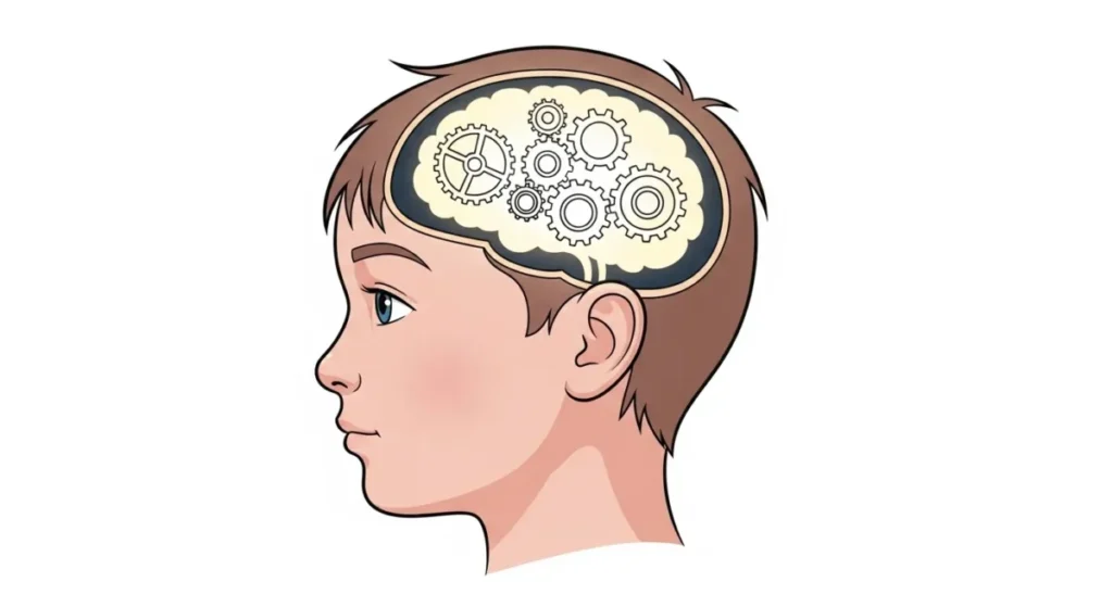 Ilustração educativa mostrando a neurobiologia da atenção  no cérebro de uma criança.