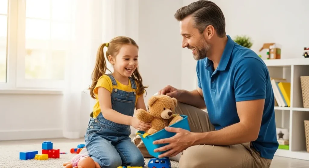 Pai e filha organizando brinquedos de forma lúdica e alegre.