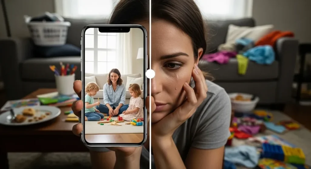 Imagem dividida mostrando à esquerda a tela de um celular com uma família feliz e organizada, e à direita o rosto de uma mãe triste em um ambiente bagunçado, representando a dor social da comparação.