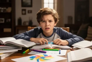 Criança estudando cercada de livros com expressão de cansaço.