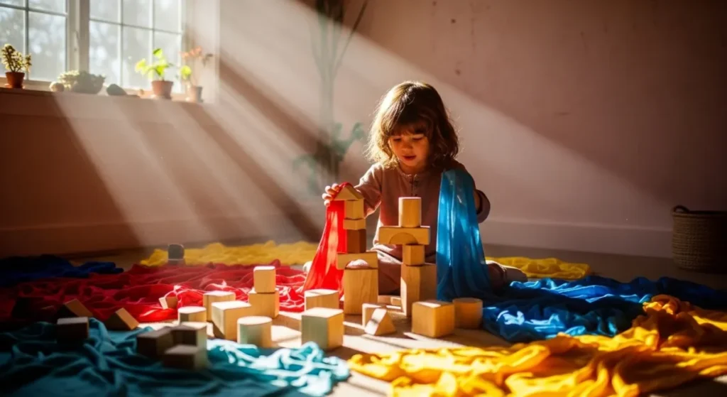 Criança brincando livremente num ambiente Waldorf focado na imaginação.