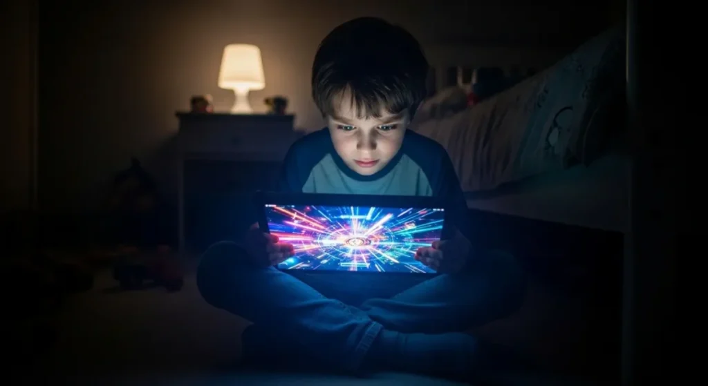 Criança pequena distraída com um tablet, ilustrando a dificuldade de atenção.