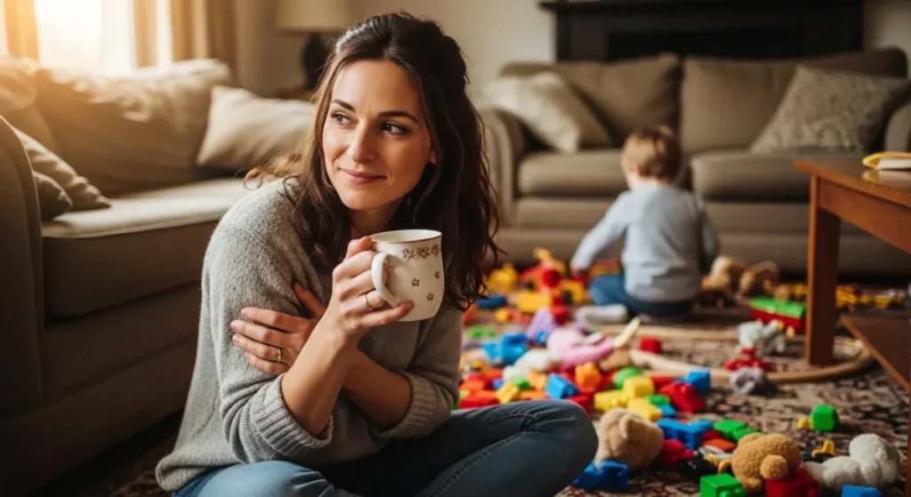 Mulher sorrindo serenamente sentada no chão da sala, segurando uma caneca, com o filho brincando ao fundo entre brinquedos espalhados, representando o resgate da autoconfiança materna.