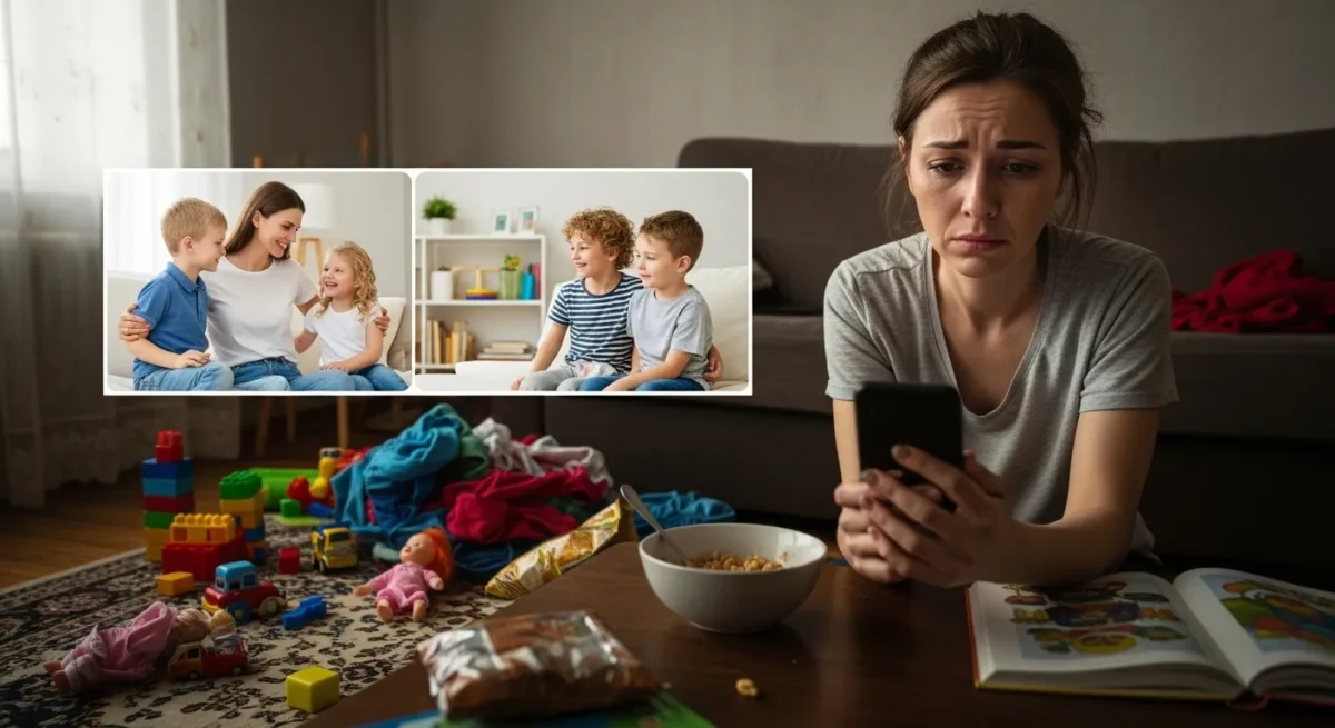 Mulher com expressão de tristeza e cansaço sentada no chão de uma sala bagunçada, olhando para o celular que exibe fotos de famílias perfeitas, ilustrando o conflito entre a maternidade real e as redes sociais.