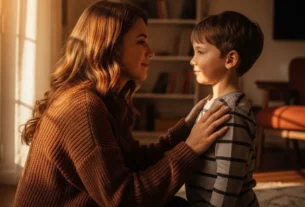 Mãe agachada conversando calmamente com o filho pequeno em uma sala iluminada.